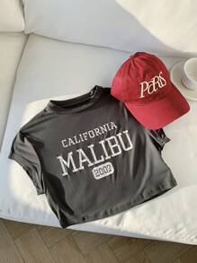 Comfortcana 夏季休闲字母印花圆领短款T恤 - 深灰色 - 查看 5