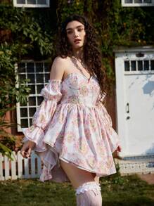 SHEIN MOD Off Shoulder Ruffle Sleeve Party Mini Dress With Asymmetrical Hem And Floral Print For Women, Pink Print, Lotus Sleeves, Princess Party Dress - Multicolor - View 7