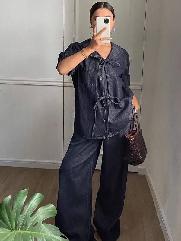 DAZY 女士多莉领短袖上衣和牛仔长裤 2 件套