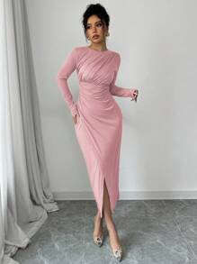 Elenzga Vestido Mídi Elegante de Trabalho e Transporte Feminino, Cor Sólida, Decote Redondo, Gola Dobrada, Manga Longa, Modelo Ajustado, Primavera/Outono/Inverno - Rosa chiclete - Visão 4