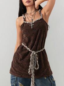 Coolane Women's Spring/Summer For Country Festival Outfits Floral Textured Brown Long Halter Top - Coffee Brown - View 3
