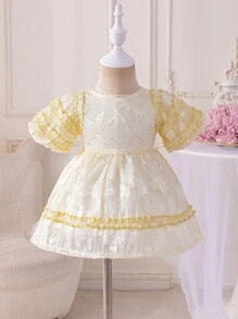 Glamorique Kids Fancy Cutout Pattern Puff Sleeve Girls Dress, Spring/Summer - Yellow - View 9