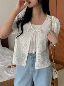 DAZY Casual Lace Cardigan, Solid Color Drawstring Short Sleeve Blouse For Women, Spring/Summer - White - View 7