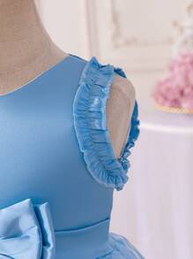 Glamorique Kids Spring/Summer Azure Blue Ruffle Trim Striped Organza Midi Dress - Baby Blue - View 3