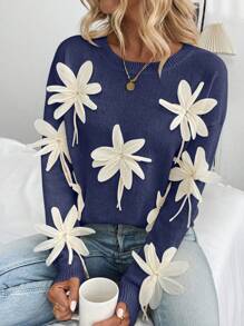 SHEIN Unity Jersey de cuello redondo con flores 3D de moda, jersey de punto de otoño/invierno - Azul - Ver 5