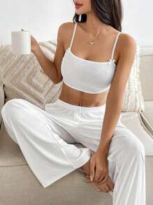 Flirla 2 件套白色吊带背心上衣和裤子套装，纹理面料，纽扣装饰，无袖短款背心和紧身裤休闲家居服 - 白色 - 查看 5