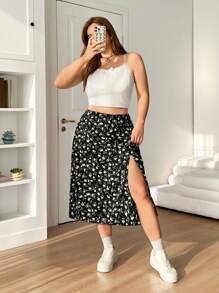 SHEIN EZwear 夏季大码休闲黑色碎花开衩半身裙