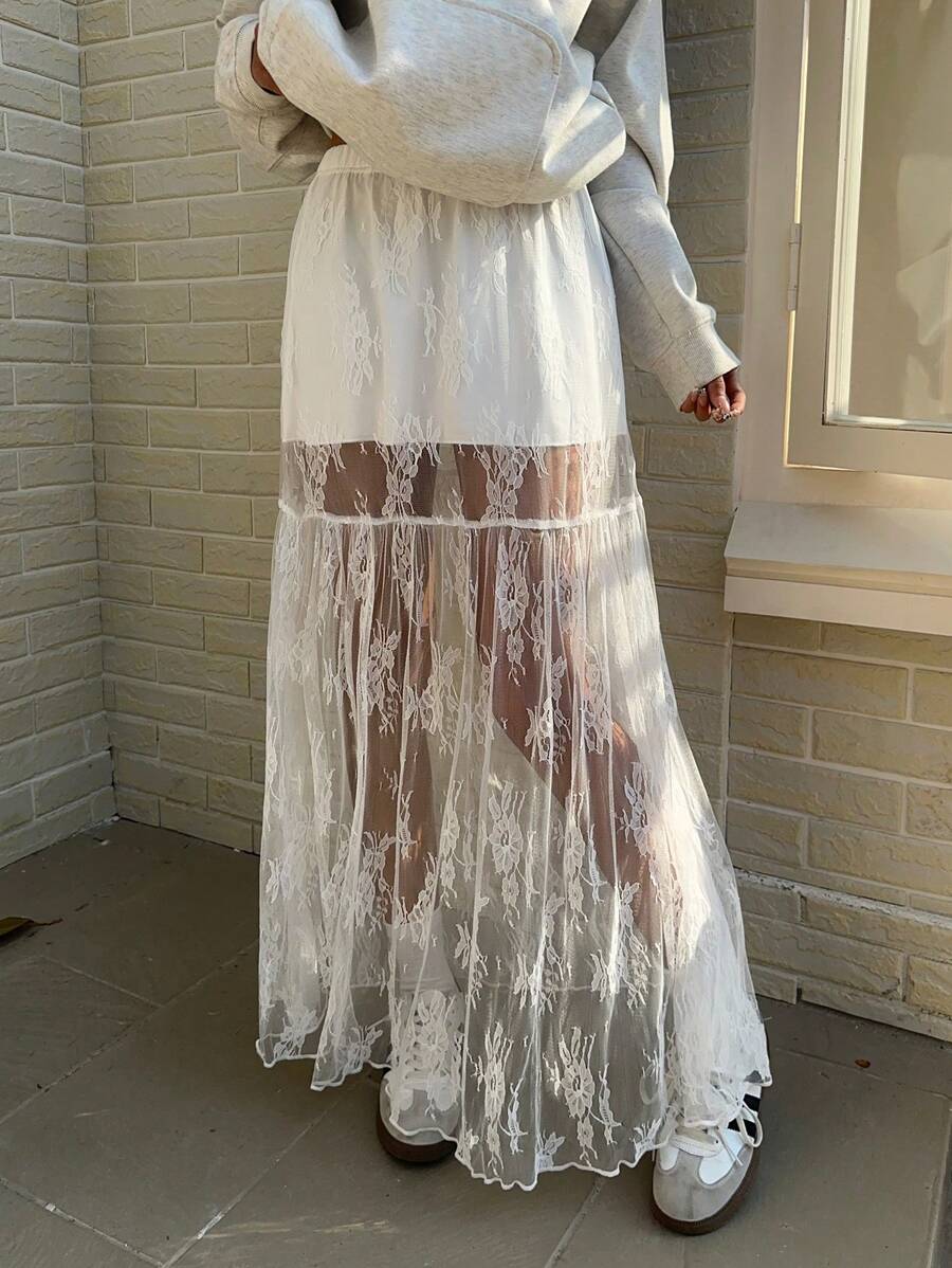 SHEIN EZwear Chân váy chữ A Maxi màu trắng phối ren lưng thun, thanh lịch, cỡ lớn cho mùa xuân và mùa hè - trắng - Xem 1