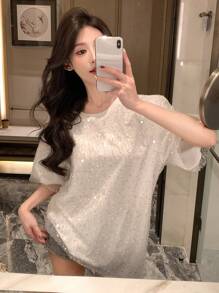 DAZY Women Shiny Mesh Short Sleeve Beaded T-Shirt With 2 In 1 Design, Sequin New Years T-Shirt Carnival - White - View 7