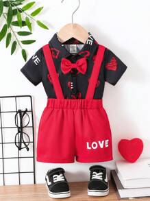 SHEIN 男婴两件套服装，爱心印花短袖连体衣+围兜裤套装 - 黑色 - 查看 1