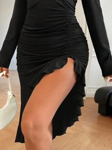 SHEIN EZwear Plus Size Off Shoulder Asymmetrical Hem Long Dress, Spring/Summer - Black - View 3
