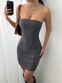 Flirla Women Solid Color Bodycon Minimalist Dress - Strapless