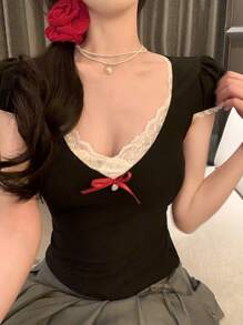 DAZY Women V-Neck Lace Patchwork Contrast Color Short Sleeve T-Shirt Cute Tops - Black - View 1