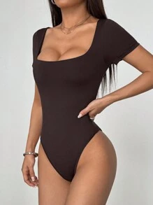 Flirla Women's Solid Color Fitted Sleek Square Neck Short Sleeve Bodysuit, Versatile For Daily Commute