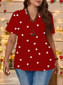 SHEIN Essnce Heart Print Casual Loose Plus Size Women Short Sleeve T-Shirt, Suitable For Summer,Valentine's Day