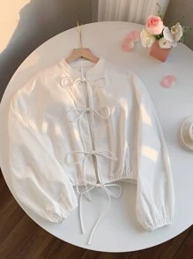 SHEIN EZwear Casual effen damesoverhemd met lantaarnmouwen en strik aan de voorkant voor de herfst