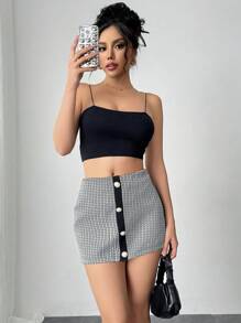 Chiquease Women's Houndstooth Pattern Decoration Buttons Minimalist Skirt With Zipper - Black - View 3