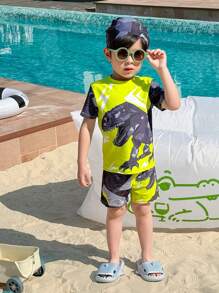SHEIN 3 Piece Young Boys Boys Casual Sports Swimsuit With Dinosaur Pattern Kids Outfits Young Boy Clothes Back To School Boys Set Suitable For Outdoor Swimming Suitable For Daily Use Suitable For School Suitable For Travel Suitable For Sports Suitable For Spring, Summer, Autumn And Winter Seasons