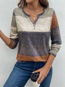 EMERY ROSE Women V-Neck Long Sleeve Striped Print Casual T-Shirt, Autumn, Random Print Graphic Tees Women Tops For Spring Outfit
