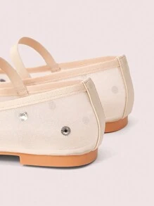 CUCCOO DOLLMOD Fashionable Apricot Color Full Rhinestone Net Mesh Mary Janes Ballet Flats, Cute & Sweet For School/Student Spring Shoes Spring Break Easter - Apricot - View 7