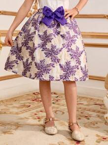 SHEIN Falda hasta la rodilla con lazo en la cintura y diseño suelto y lindo para niña preadolescente - Multicolor - Ver 3