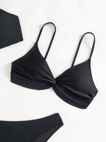 SHEIN Swim Summer Solid Color Minimalist Bikini Set, Suitable For Beach & Vacation - Black - View 4