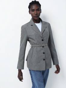 Aveloria Modichic 女士优质宽肩带纽扣前收腰长袖中长款西装外套 - 淺灰色 - 查看 7