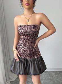Elenzga Váy ngắn hở vai họa tiết da báo cho nữ, váy ngắn sinh nhật gợi cảm, xuân/hè - màu đen - Xem 4