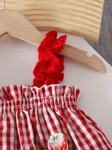Vestido de verano para niñas, Nuevo llegado vestido de tirantes de niña bebé a cuadros con estampado lindo de fresa, verano - Rojo - Ver 3