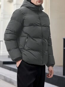 Manfinity Mode Men's Thickened Zip-Up Stand Collar Wadded Jacket, Suitable For Winter - Grey - View 4