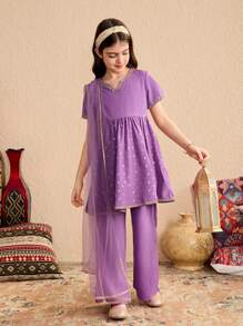 Tween Girl 2pcs Set: Ramadan Ramadan Purple V-Neck Short Sleeve Cropped Top And Solid Color Straight Leg Long Pants, Suitable For School And Casual Outings.