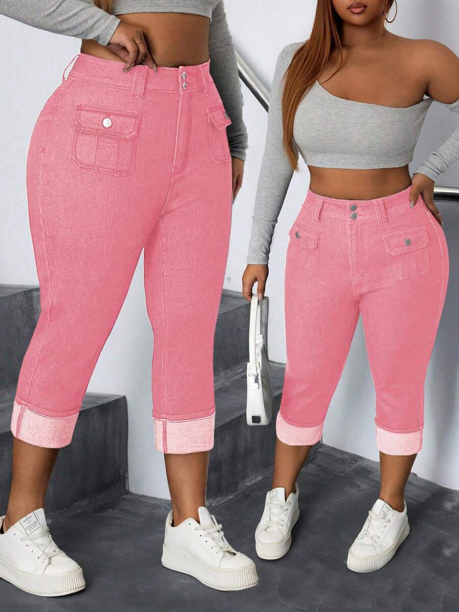SHEIN SXY 大码弹力牛仔休闲裤，时尚百搭女士夏季服装粉色牛仔裤女士夏季服装节日服装女士七分裤Gyaru休闲装 - 粉色 - 查看 1
