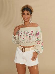 SHEIN VCAY Hơn In hoa Off Shoulder Tay áo lồng đèn Áo sơ mi - Màu be - Xem 6
