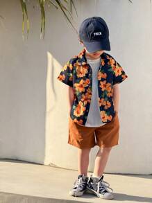 SHEIN 2pcs/Set Young Boys Hawaiian Flower Print Shirt & Shorts Set, Comfortable, Breathable, Cool & Moisture Wicking, Suitable For Spring/Summer, Daily, Sports, Outdoor, School, Party, Holiday, Photo Shooting, Back To School
