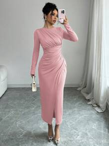 Elenzga Vestido Mídi Elegante de Trabalho e Transporte Feminino, Cor Sólida, Decote Redondo, Gola Dobrada, Manga Longa, Modelo Ajustado, Primavera/Outono/Inverno - Rosa chiclete - Visão 5