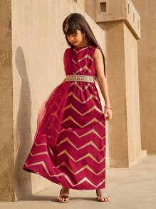 Vestito senza maniche con stampa floreale in lamina d'oro e scialle in rete per ragazze pre-adolescenti - Rosso - Visualizzare 3