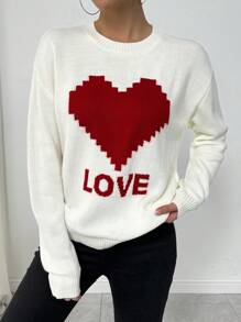 Chiquease Women's Casual Crew Neck Heart Print Pullover Sweater, Valentine's Day Knit Pullover Fall Winter Sweater