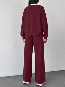 EURMUSE Cotton Comfortable Drop Shoulder With Printed Sweatshirt& Sweatpants Set Suitable For Autumn And Winter - Burgundy - View 2