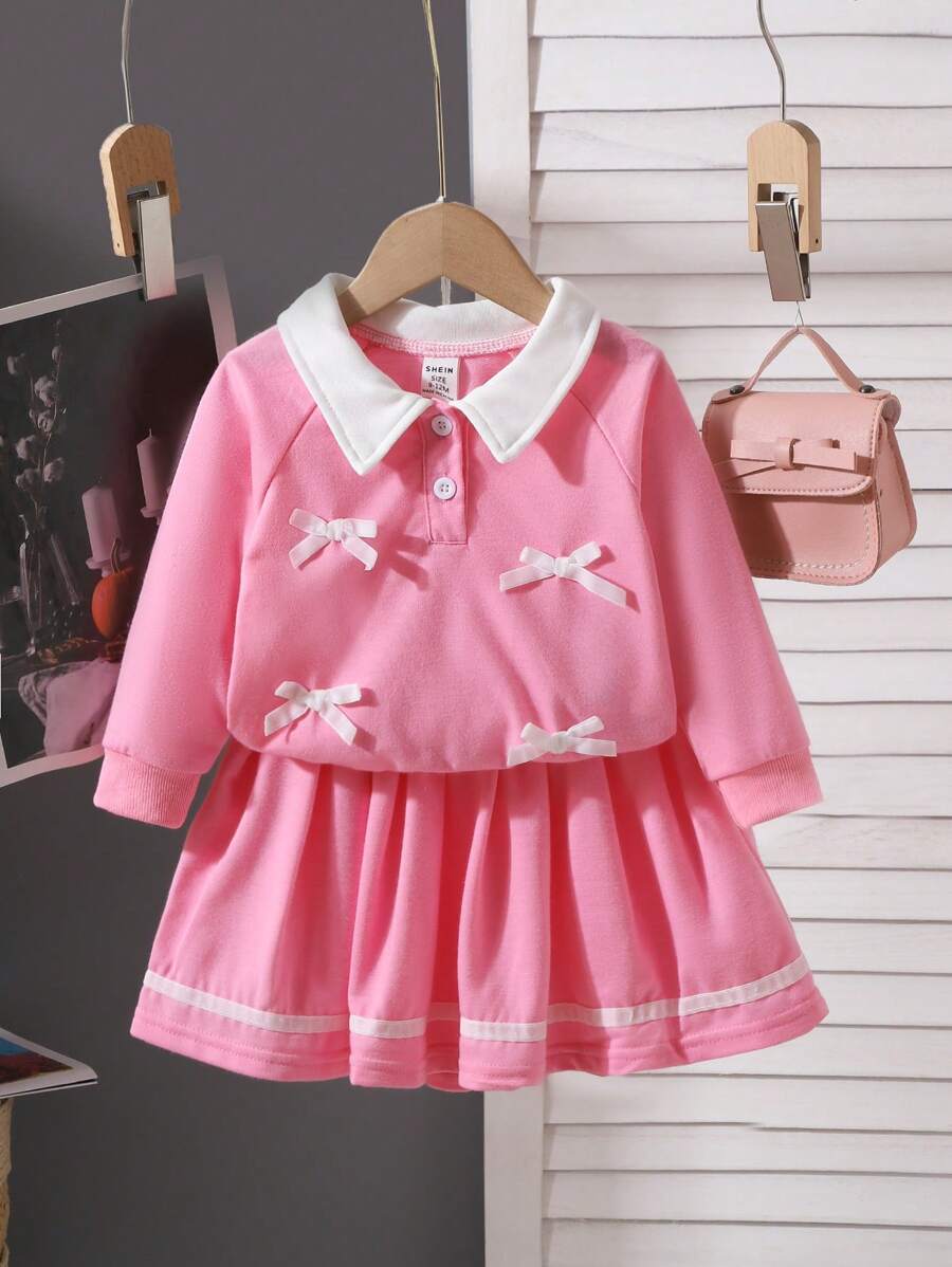 SHEIN Grey Long Sleeve Butterfly Accent Dress Set For Baby Girl - Pink - View 1