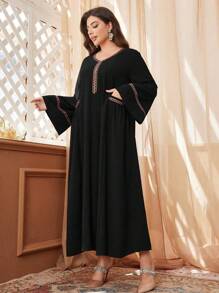 Al Najma 加大码新款女式亮片口袋天鹅绒和金属亮片带编织简约阿拉伯连衣裙，简约优雅长款 Jalabiya 阿拉伯连衣裙，适合日常休闲、长袍 - 黑色 - 查看 6