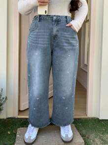 Dazy Plus 蝴蝶结刺绣修身直筒休闲牛仔裤，适合所有季节 - 藍色 - 查看 7