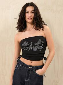 SHEIN EZwear Rhinestone Butterfly & Letter Graphic Drawstring Side Tube Top