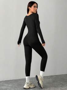SHEIN PETITE Svart stickad fyrkantig hals Tight Casual Sports Yoga Jumpsuit - Svart - Visa 2