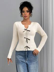 Chiquease Suéter de punto con cuello en V semitransparente con lazo de lentejuelas brillantes para mujer, suéter de punto para otoño e invierno - Beis - Ver 1