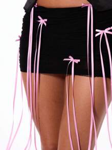 MUSERA 网纱褶皱缎带蝴蝶结贴花迷你裙少女风Y2K春夏派对 - 黑色 - 查看 4