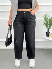 RueChic Plus High Waist Basic Wash Ripped Mom Fit Jeans - Black - View 3