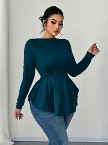 SHEIN Unity Plus Size Women Off Shoulder Long Sleeve A-Line Waist T-Shirt - Teal Blue - View 4