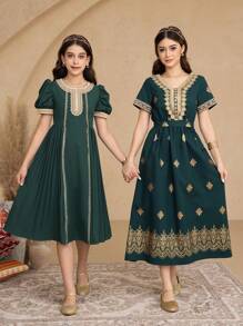 Tween 女童花式荷叶边泡泡袖连衣裙