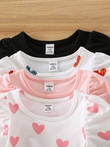 SHEIN Set de 4 piezas Blusa casual de bebé niña de unicolor con estampado de corazón y mangas abullonadas - Multicolor - Ver 6
