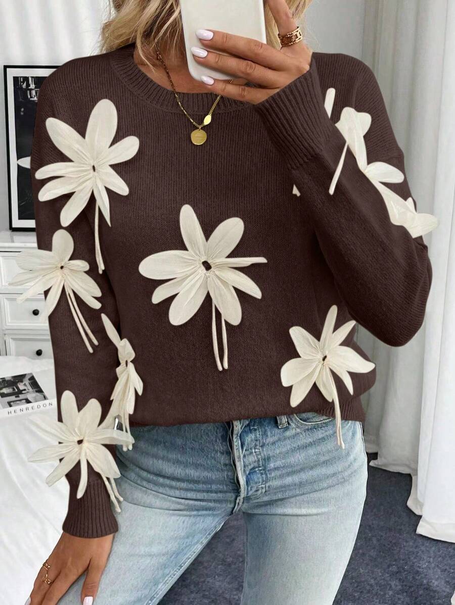 Chiquease 女士3D立体花卉手工长袖套头毛衣，秋冬针织套头衫 - 咖啡棕 - 查看 1